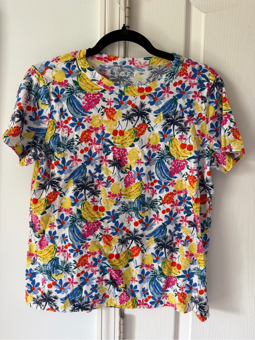LOFT White Tee with Bright Floral & Fruit Print